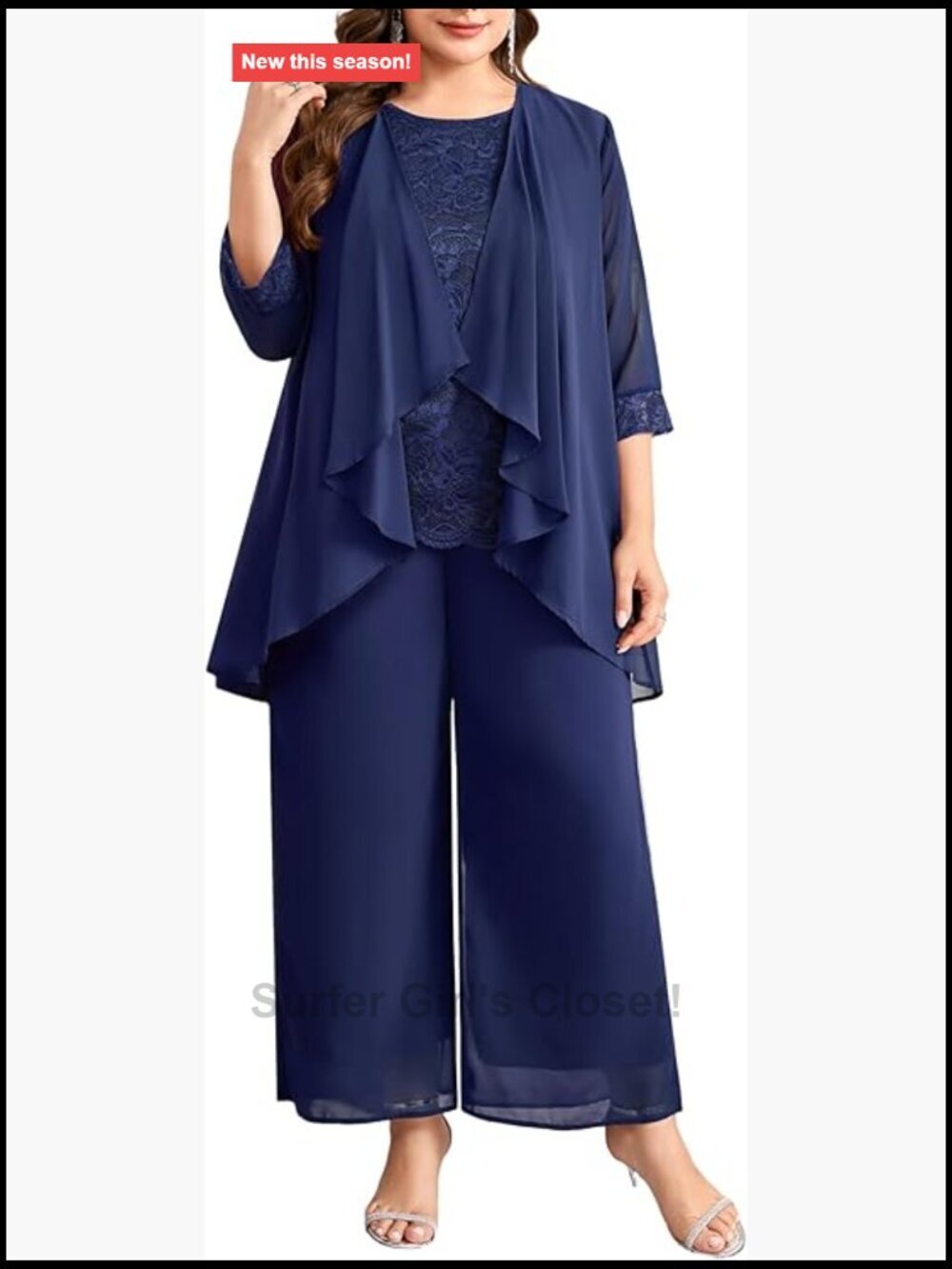Plus Size 3 Piece Pantsuit Chiffon Jacket Lace Tank Wide Leg Pants Formal